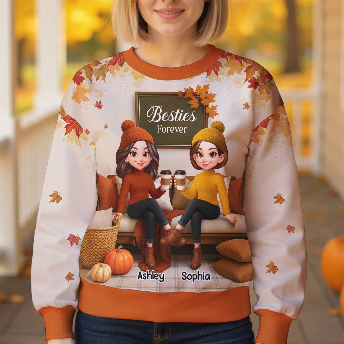 Fall Season Besties Sisters Sitting On Cozy Sofa Personalized 3D Sweatshirt