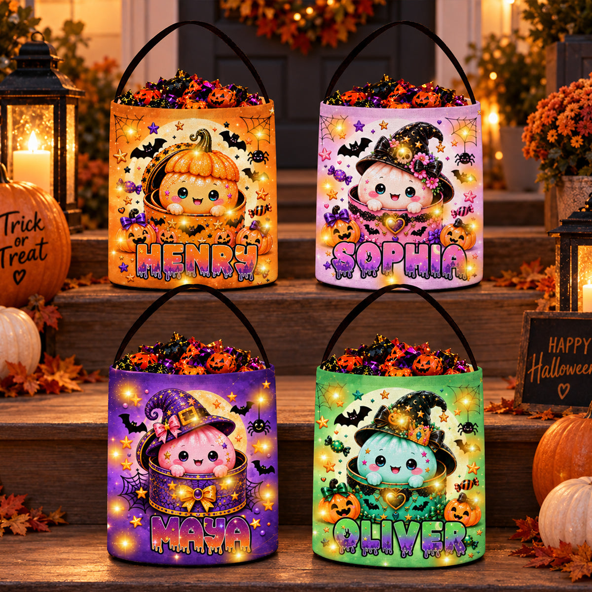 Kawaii Cute Halloween Dumpling - Personalized LED Trick or Treat Bucket - Custom Name Treat Bucket for Kids