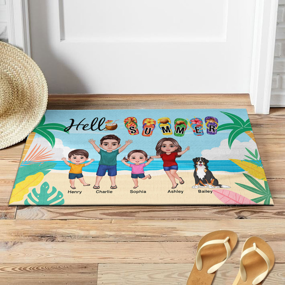 Hello Summer Beach Landscape Family Personalized Doormat, Summer Decoration