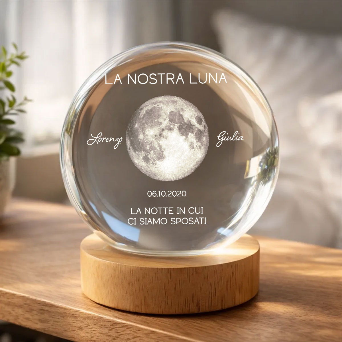 La Nostra Luna – Fase Lunare Personalizzata per Data – Sfera di Cristallo con Luce Notturna – Regalo di Anniversario