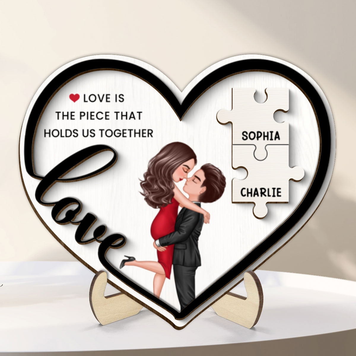 Love Piece Holds Us Together Couple Kissing Personalized 2-layer Wooden Plaque, Valentine‘s Day Gift For Him, For Her