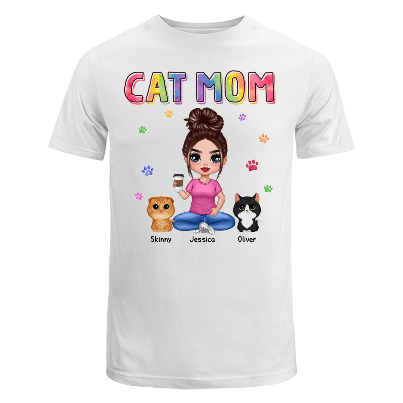 Colorful Paws Cat Mom Doll Woman Sitting With Watercolor Cute Cats Personalized Shirt