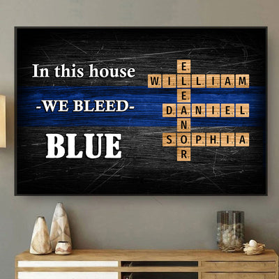 In This House We Bleed Blue Family Crossword Art Puzzle, Personalized Thin Blue Line Poster, Meaningful Father's Day Gift for Dad, Gift for Husband