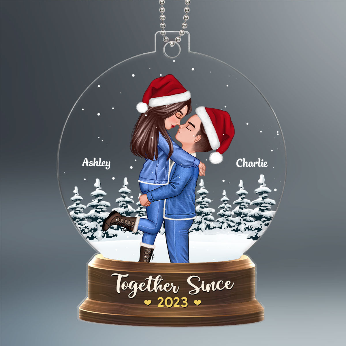 Couple Hugging In Christmas Night Snow Globe Personalized Acrylic Ornament
