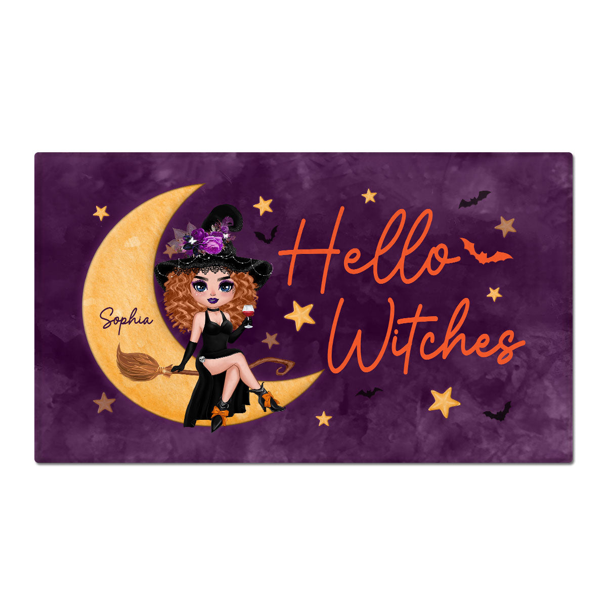 Hello Witches Doll Sitting Personalized Doormat, Gift For Girl, Woman