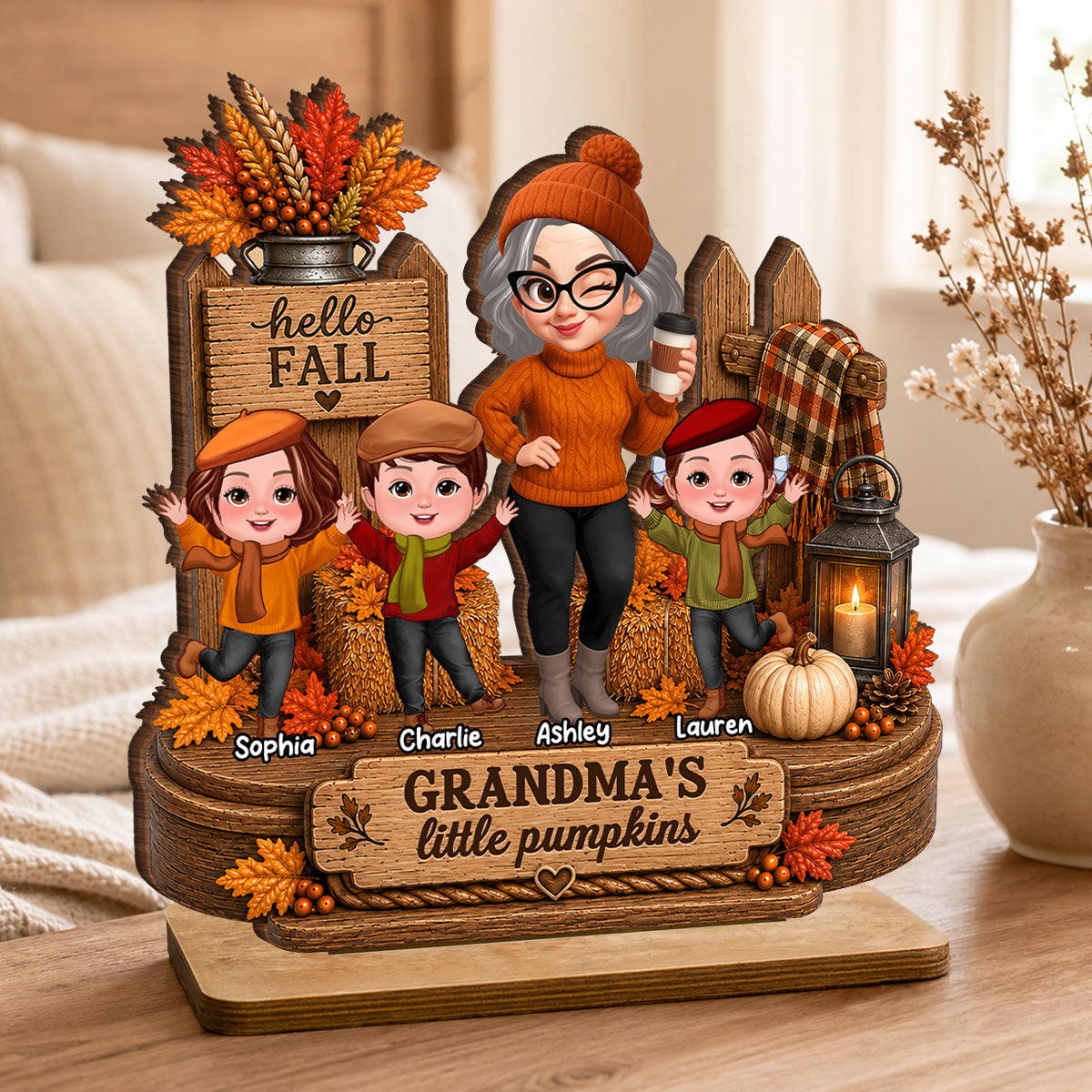 Hello Fall Grandma's Little Pumpkins - Personalized 2-Layered Wooden Plaque - Cozy Fall Decor for Grandma