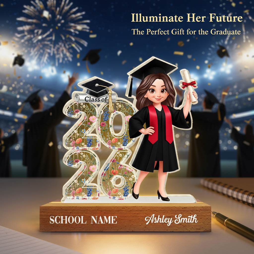 Class Of 2026 2027 Senior Floral - Personalized Acrylic Block LED Night Light - Graduation Gift For Graduates, Daughter