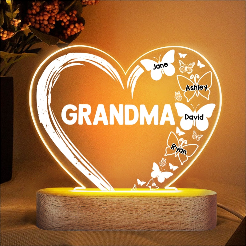 Mom Grandma Heart Butterflies Personalized Heart Acrylic Plaque LED Lamp Night Light