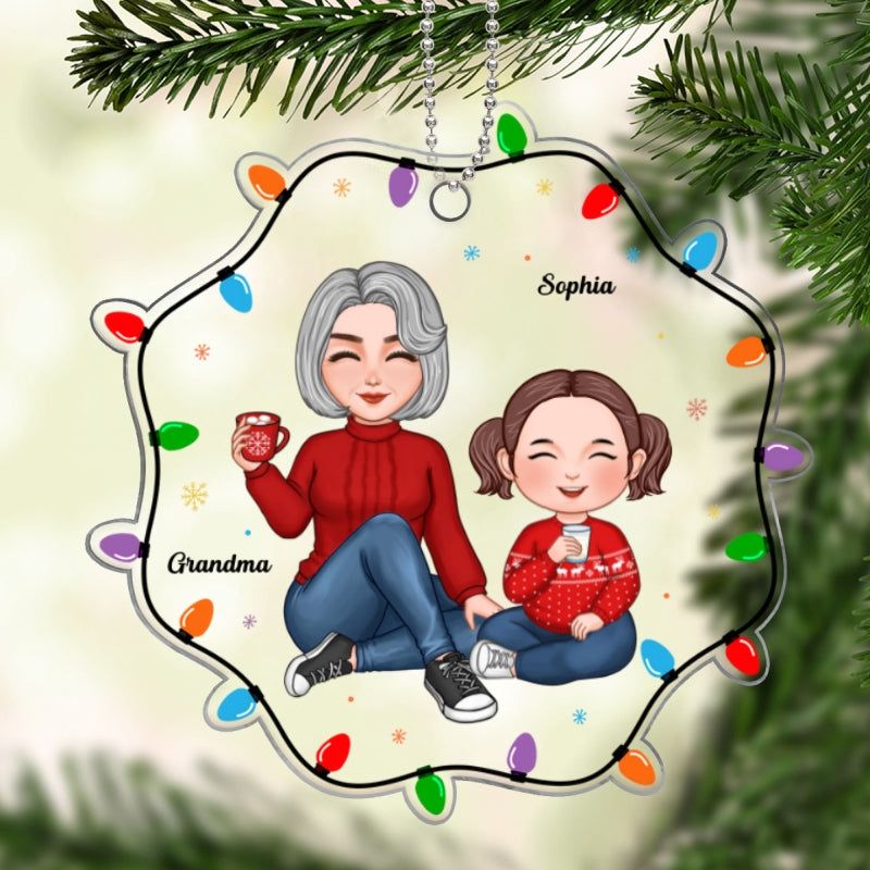 Cute Grandma Grandkid Sitting Inside Christmas Light String Personalized Acrylic Ornament