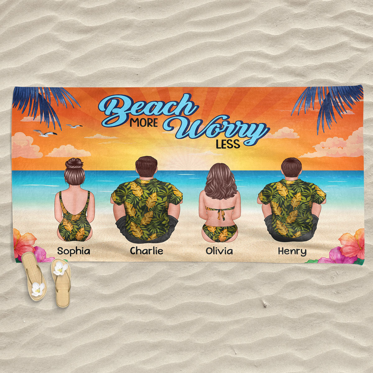 Summer Back View Family Couple Kids Dog Cat Sitting Personalized Beach Towel