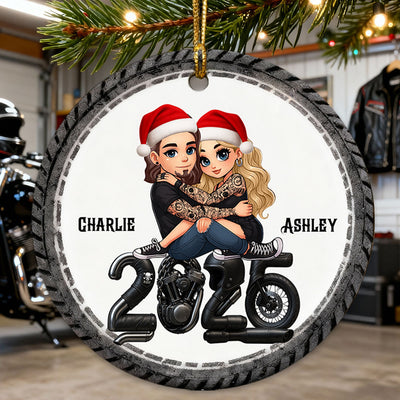 3D Effect Biker Couple Christmas - Personalized Ceramic Ornament - Gift For Bikers, Gift For Him, For Her