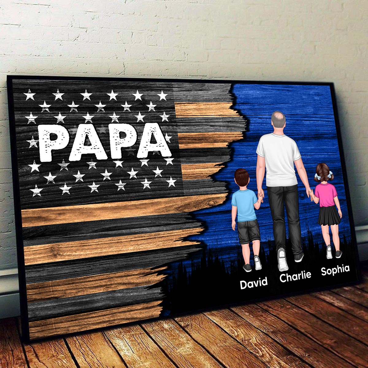 Grandpa Papa Walking With Grandkids Half Nation Flag Personalized Horizontal Poster