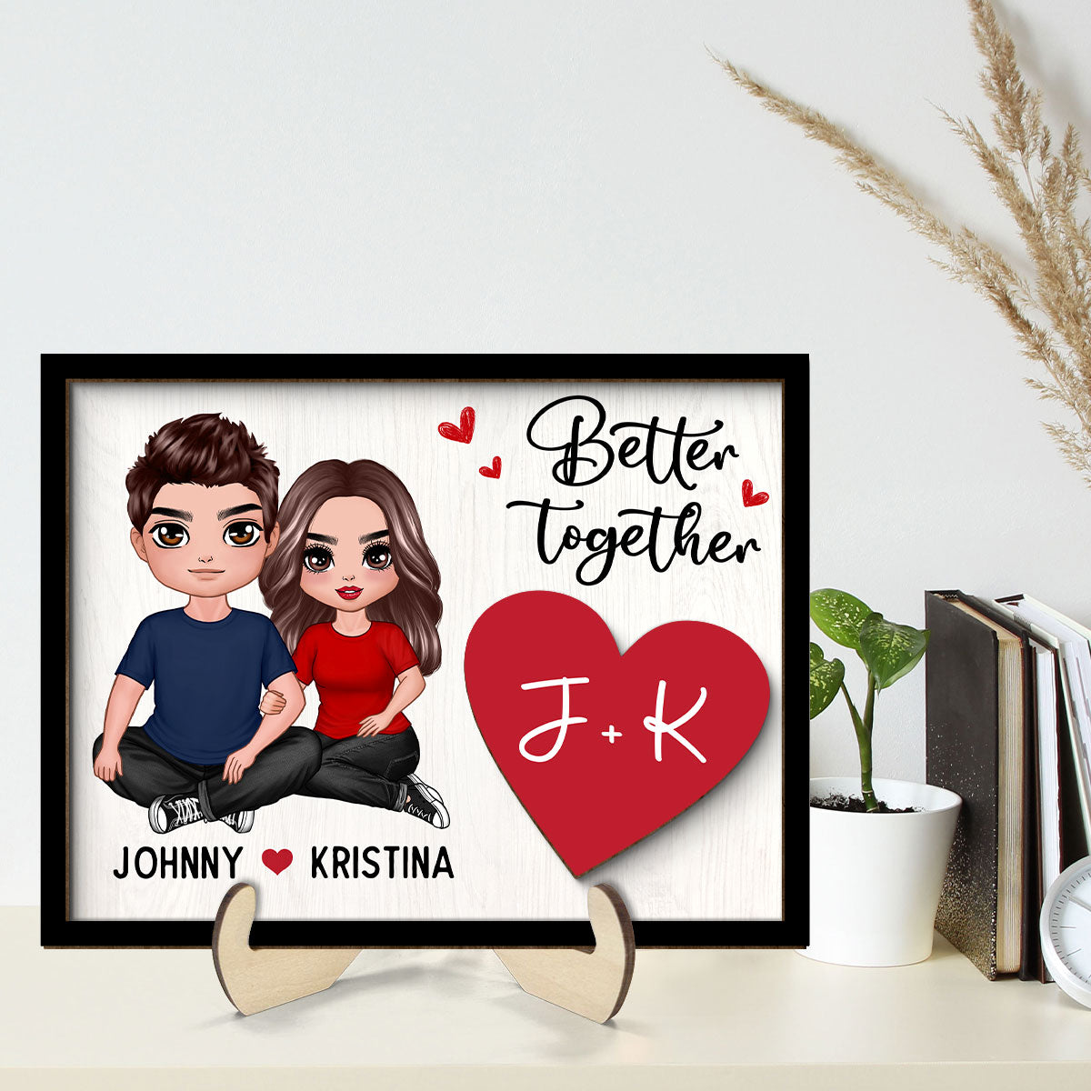 Couple Sitting Embracing Initial Names Valentine‘s Day Gift For Him For Her Personalized 2-Layer Wooden Plaque