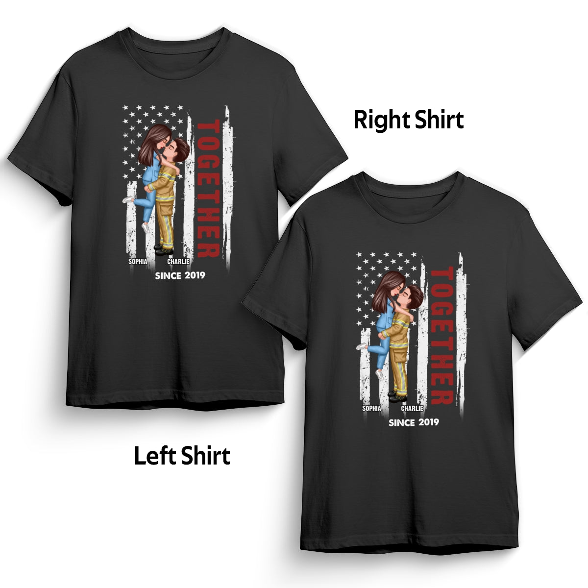 Hero Couple Together Since Flag Gifts by Occupation Gift For Her Gift For Him Firefighter, Nurse, Police Officer Personalized Matching Shirts