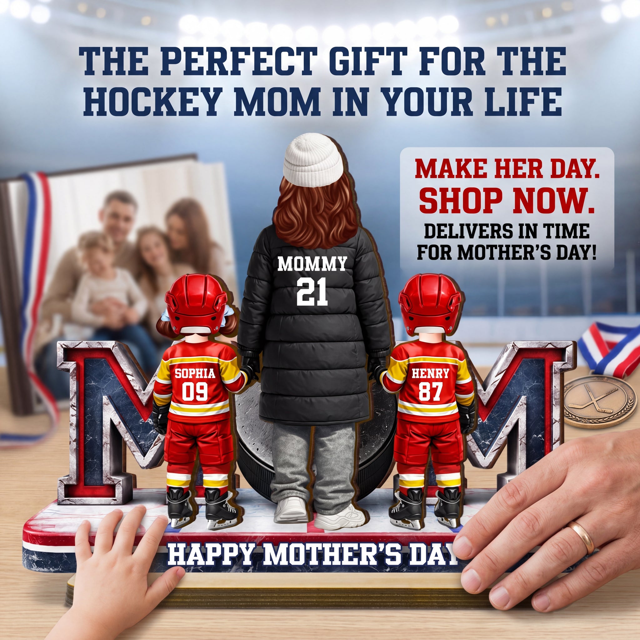 Hockey Mom And Kids Together - Personalized 2-Layered Wooden Plaque - Mother's Day Gift For Hockey Mom, Gift For Wife