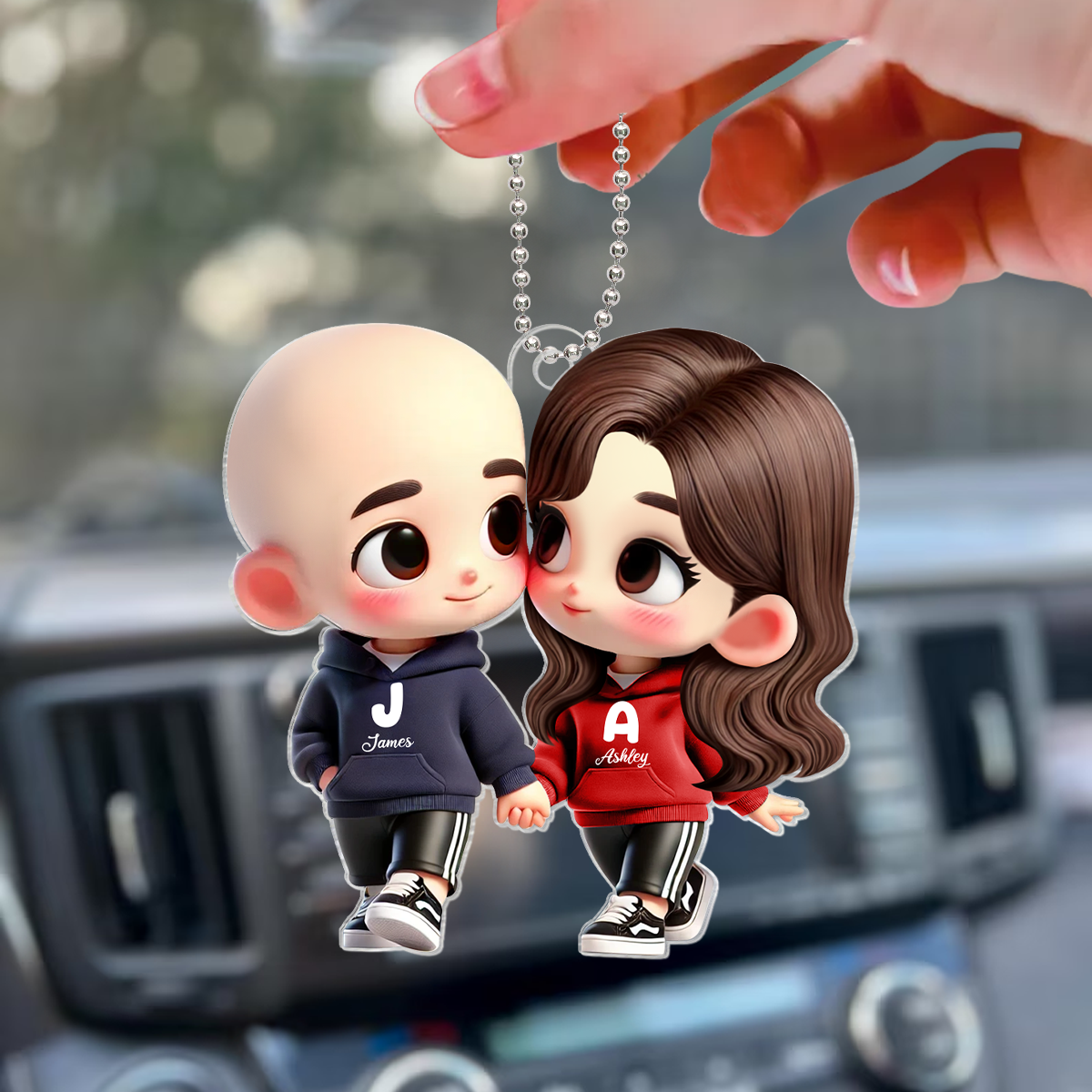 3D Effect Cute Cartoon Couple Holding Hands - Personalized Acrylic Car Hanger - Unique Valentine's Day Gift For Him, Gift For Her