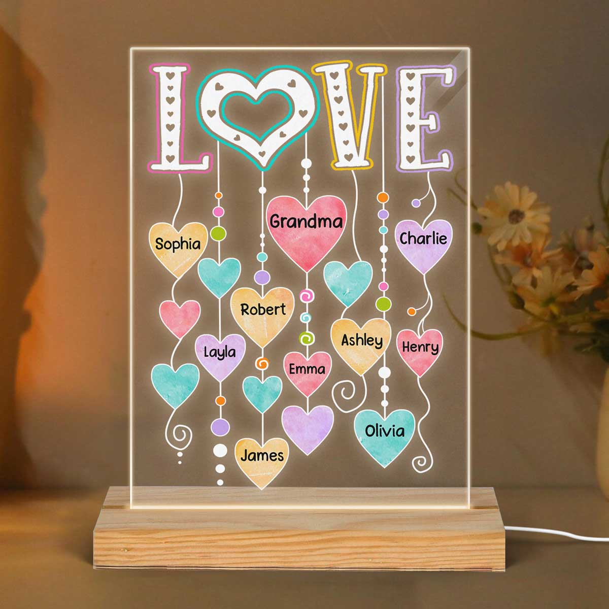 LOVE Grandma Grandkids Name Hearts Personalized Rectangle Acrylic Plaque With LED Night Light