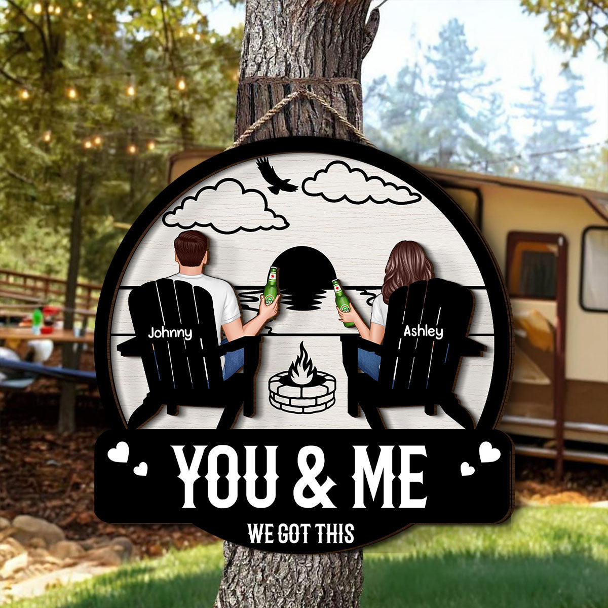 Camping Couple Sitting Back View, Campfire, Fire Pit Personalized Wood Sign