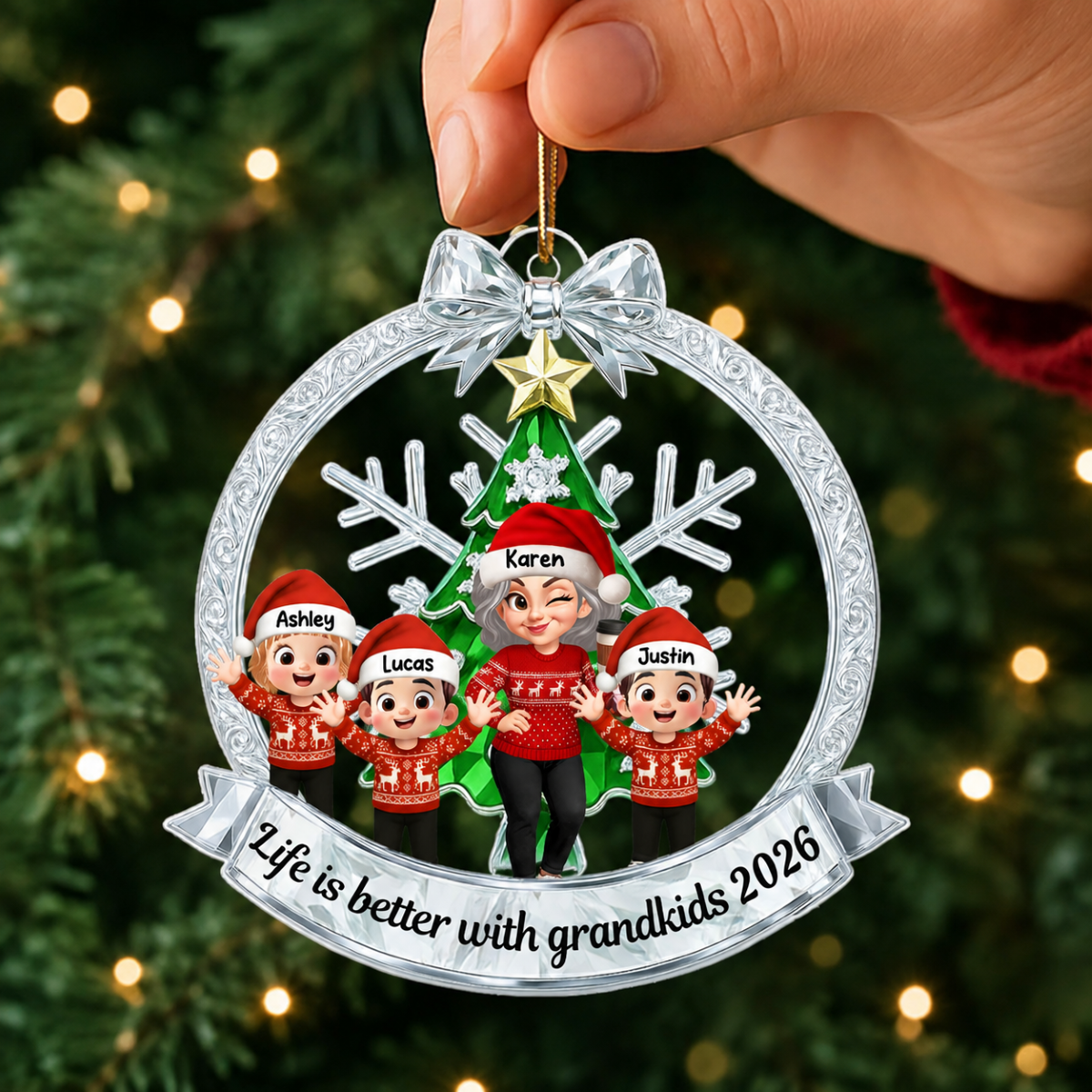 Grandma Grandkids Sitting on Christmas Wreath Metallic Effect - Personalized Acrylic Ornament - Christmas Gift for Grandma