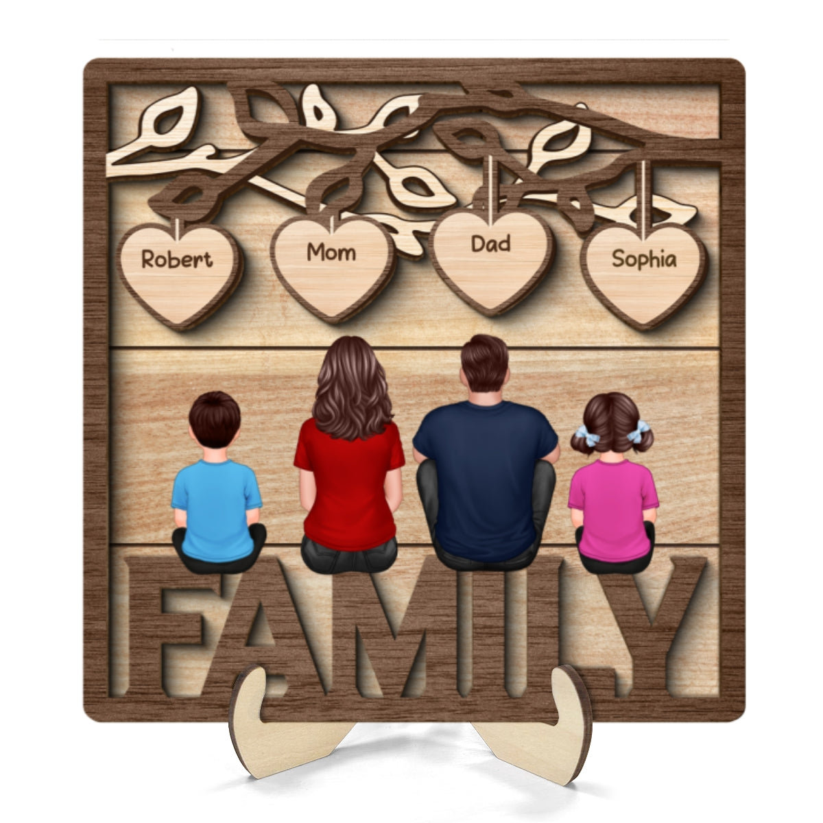 Family Dad Mom Kids Dogs Cats Sitting On Word Under Tree Personalized 2-Layer Wooden Plaque