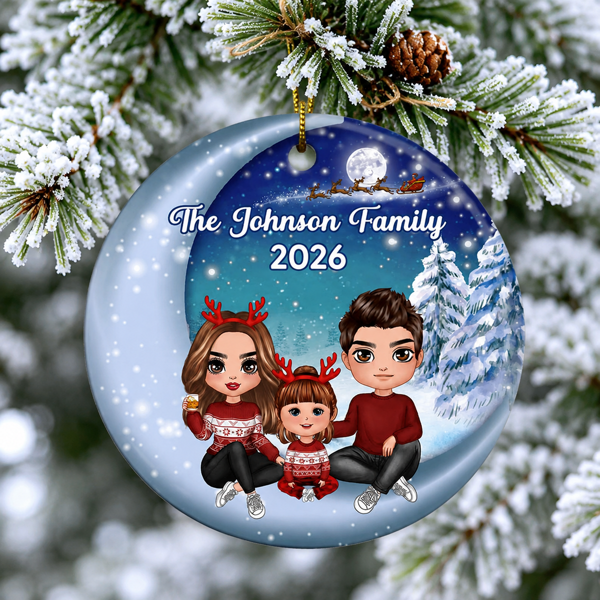Family Sitting On Moon Winter Personalized Christmas Circle Ornament