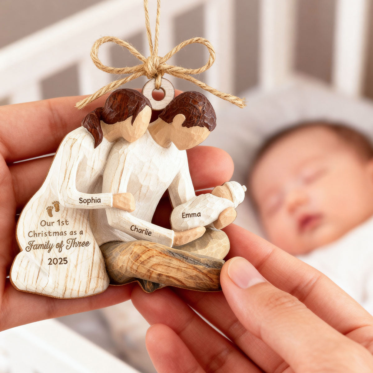 3D Effect First Christmas As Family Of Three Mom Dad Holding Baby - Personalized Wooden Ornament