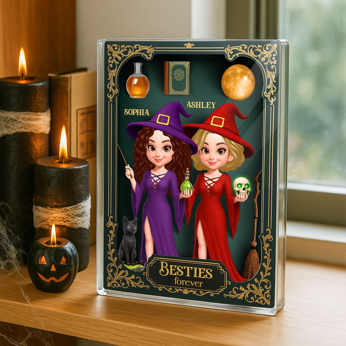 Besties Sisters 3D Effect Witch Action Figure Gothic Style Personalized Acrylic Block