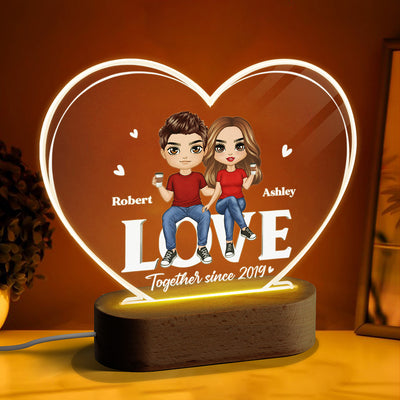 Doll Couple Sitting On Word Love Personalized Heart Plaque with LED Night Light - Valentine‘s Day Gift - Anniversary Gift
