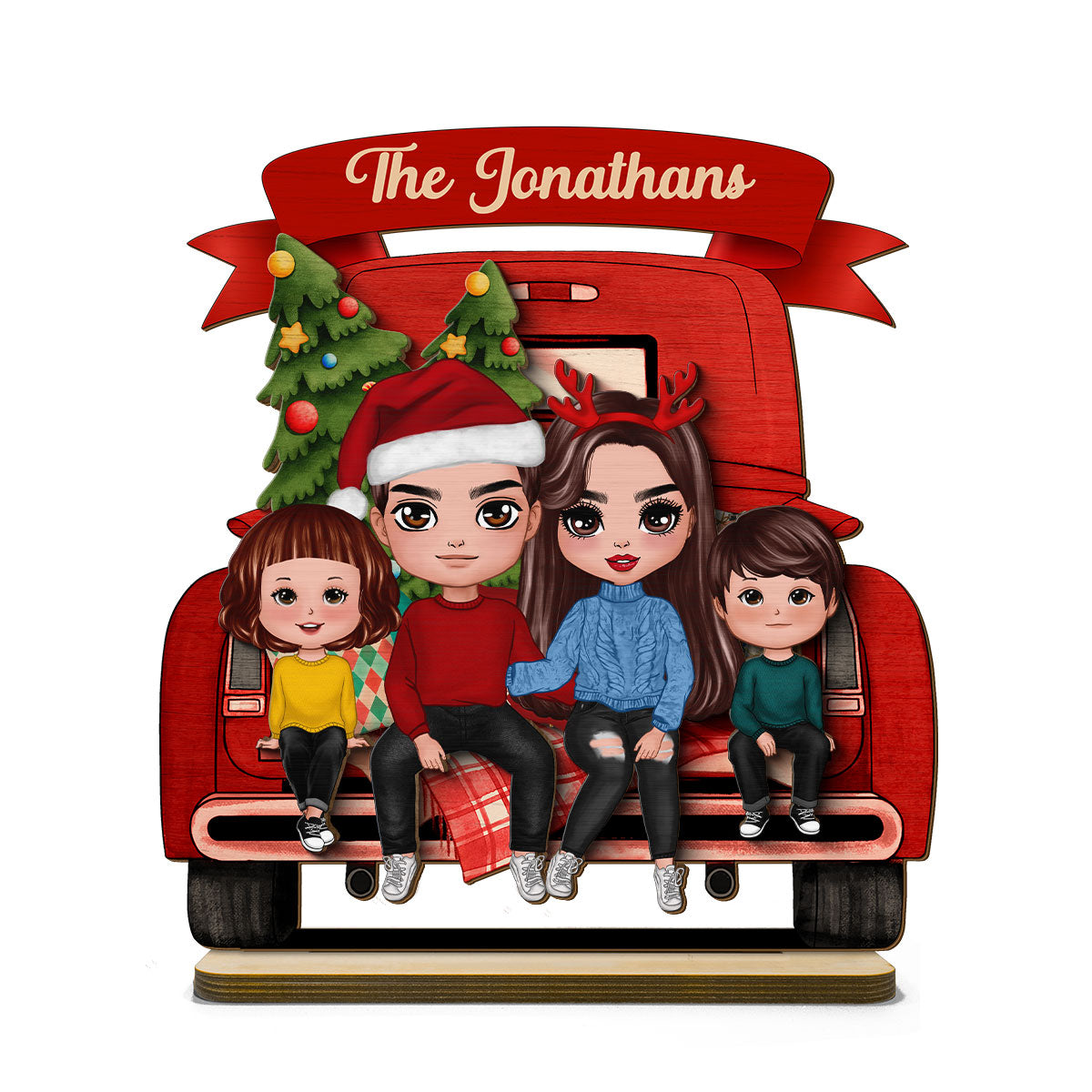 Family Couple On Christmas Truck Personalized Standing Wooden Plaque
