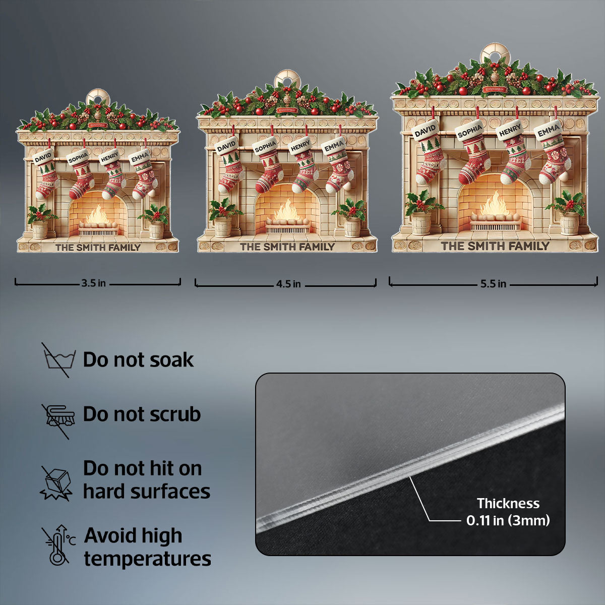 Christmas Retro Fireplace Family Christmas Stockings On Mantel 3D Effect Personalized Acrylic Ornament