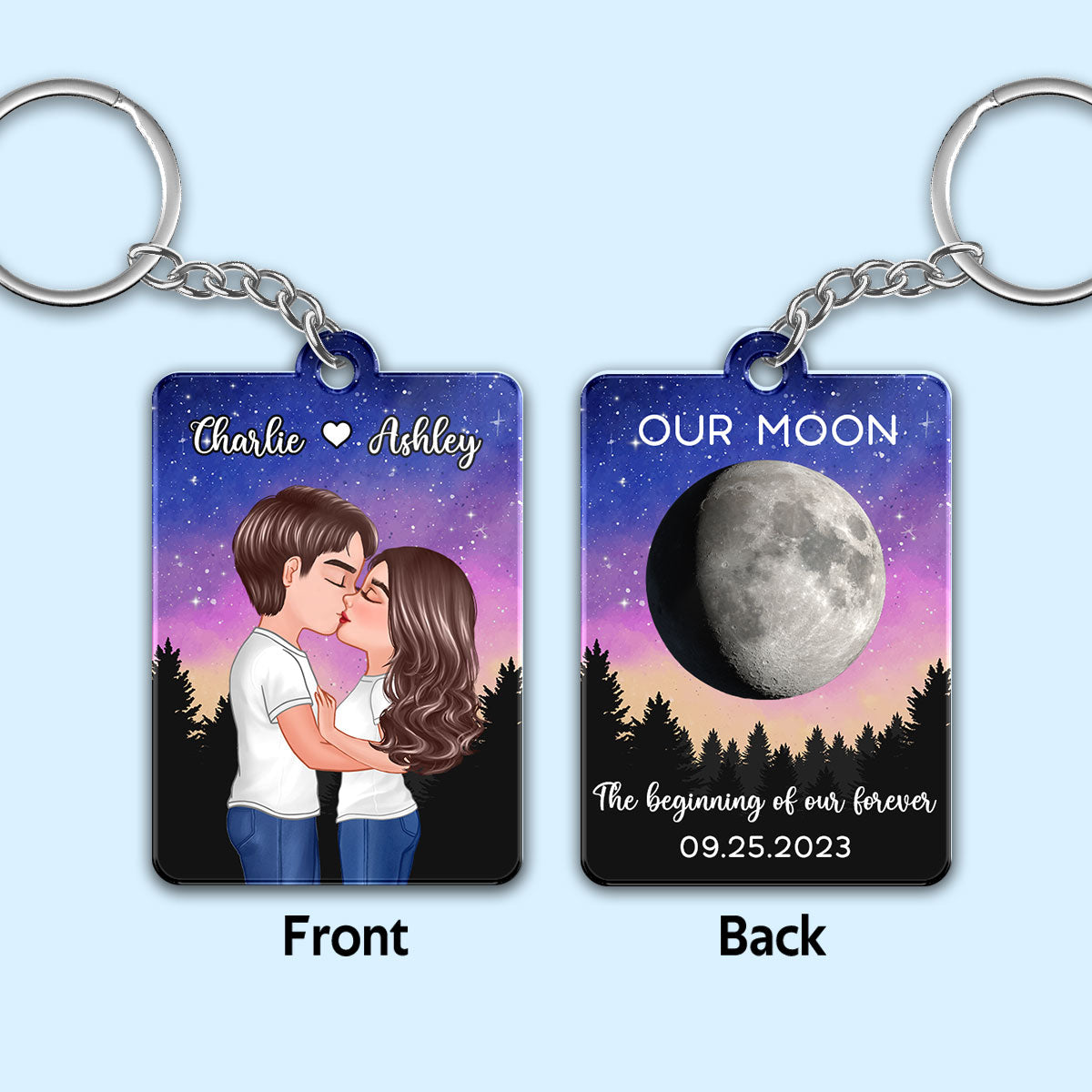 Couple Kissing In Galaxy Night Moon Phase Art Personalized Acrylic Keychain, Gift For Him, For Her