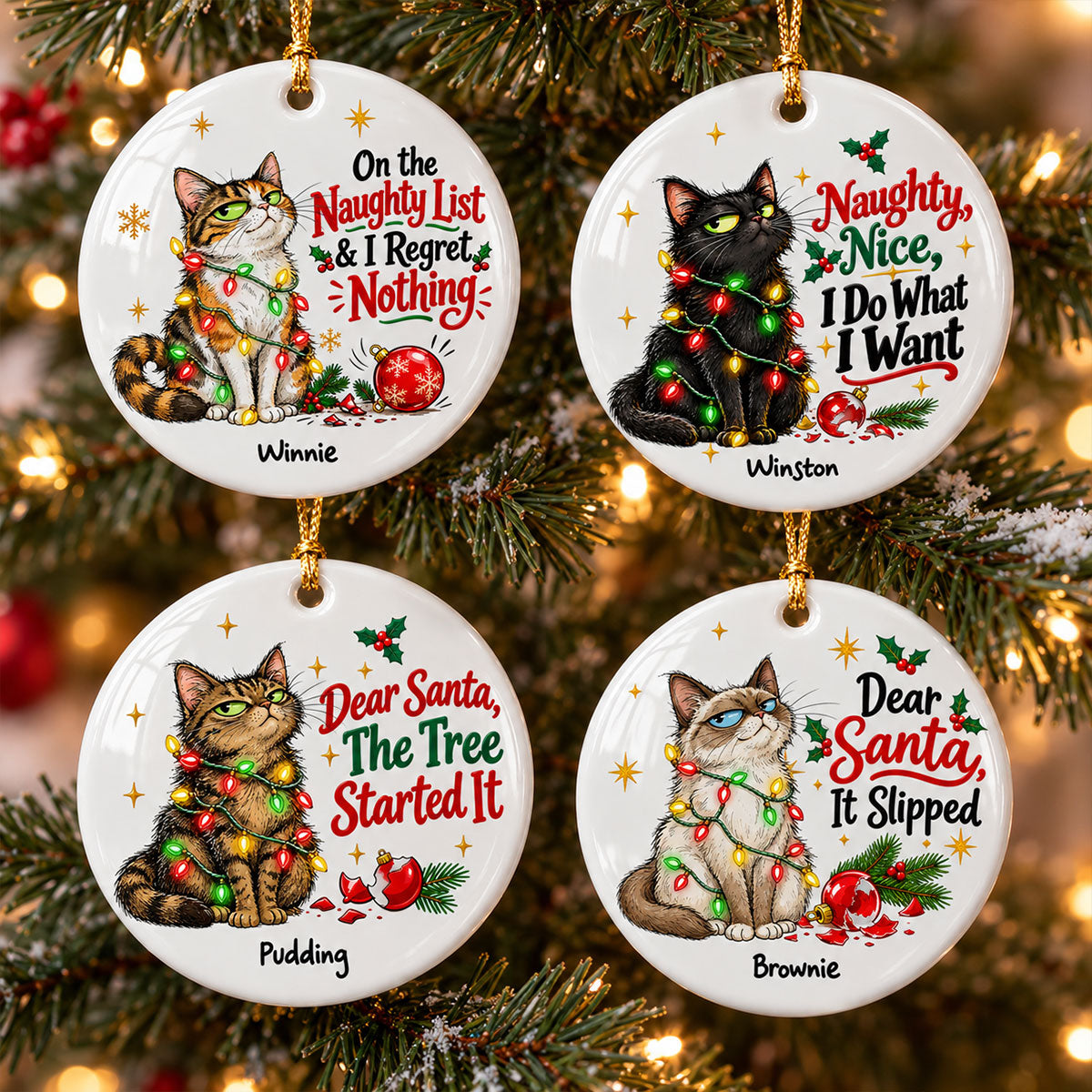 Naughty Nice I Do What I Want Bossy Cat Portrait From Your Photo - Personalized Ceramic Ornament - Funny Christmas Tree Decor For Cat Lovers