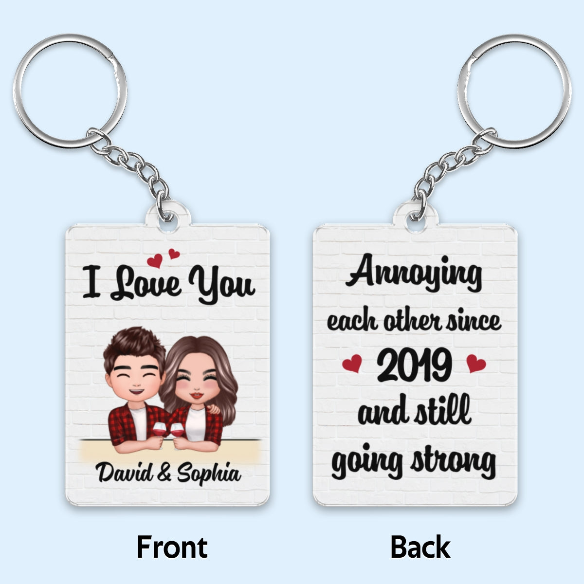 Doll Couple Hugging Holding Drinks Personalized Acrylic Keychain