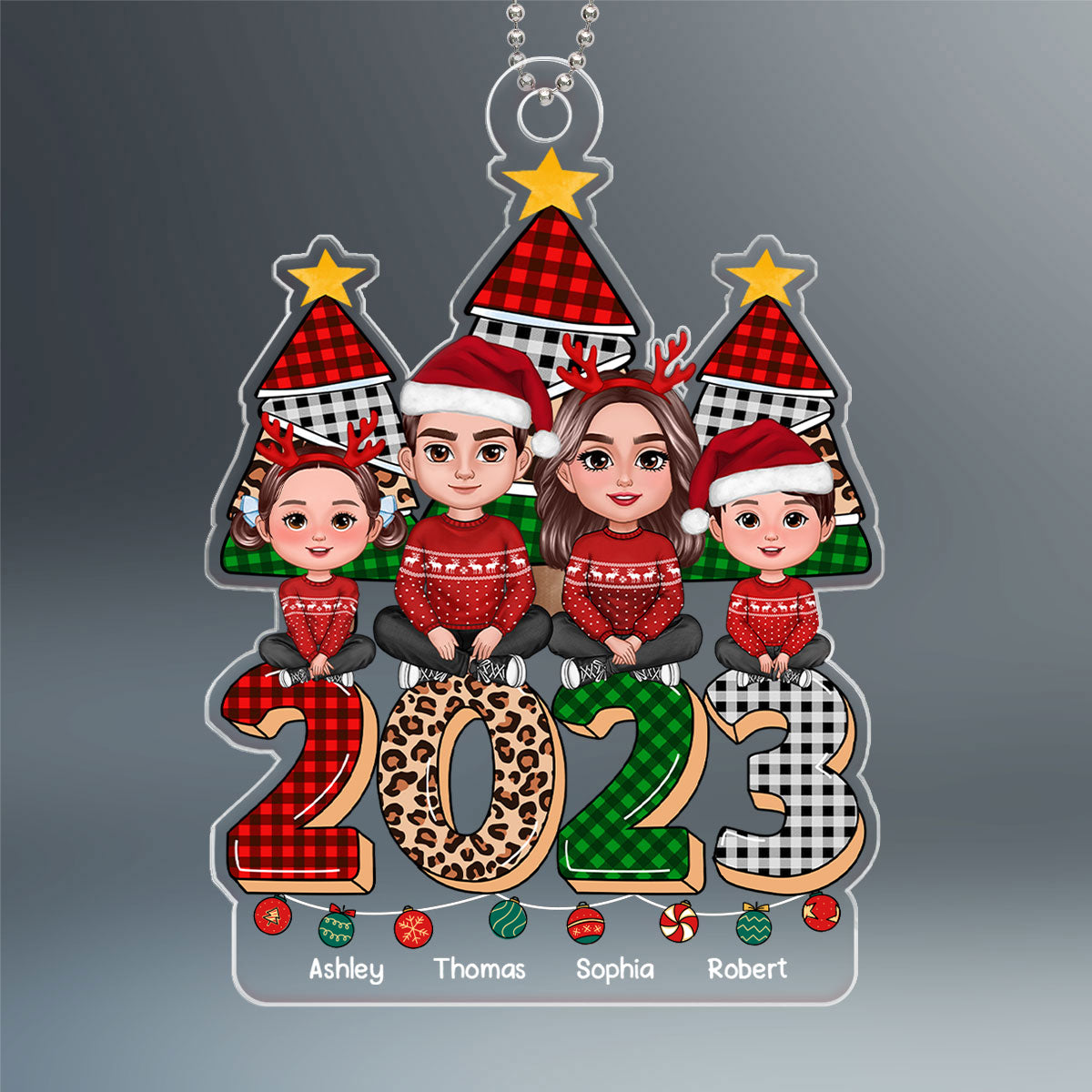 Family Sitting On Checkered Leopard 2023 Christmas Tree Personalized Acrylic Ornament