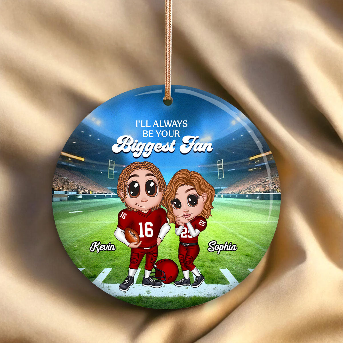Always Your Biggest Fan American Football Couple Y2K Style Personalized Circle Ceramic Ornament