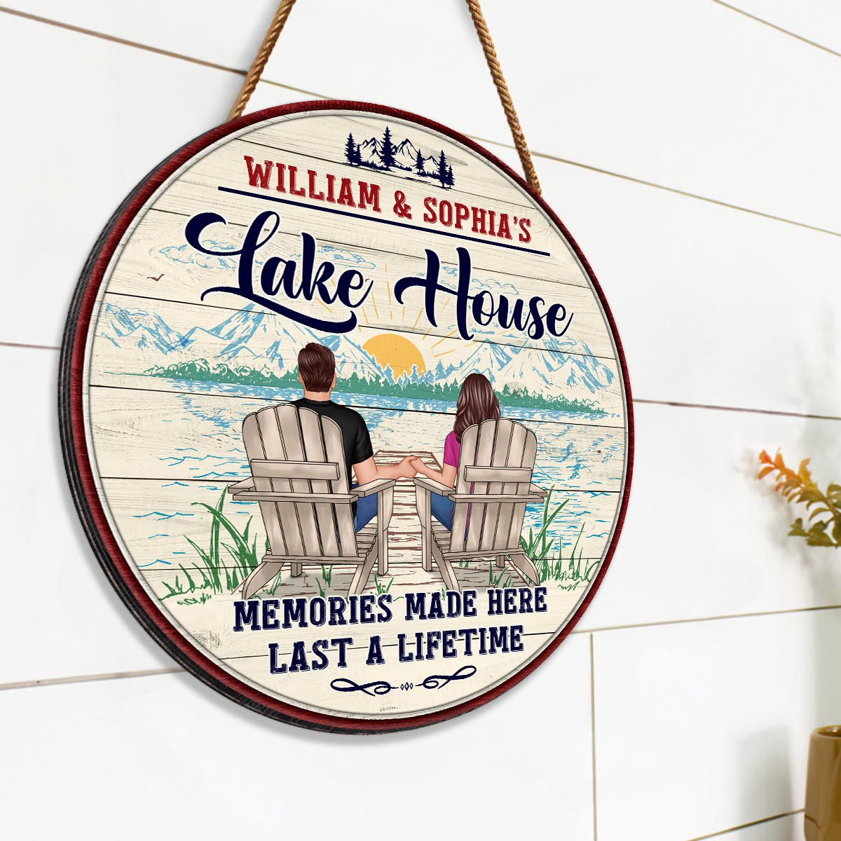 Memories Made Lake House Couple Sitting Personalized Wood Sign