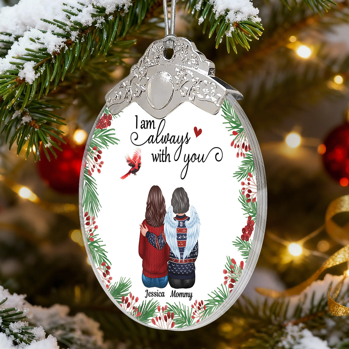 Holly Branch Always With You - Personalized Glass Ornament With Silver Cap - Christmas Memorial Keepsake For Family