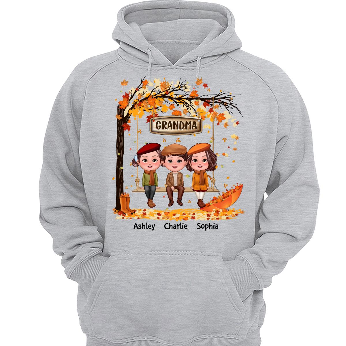 Fall Season Kids Sitting On Swing Grandma Mom Personalized Shirt