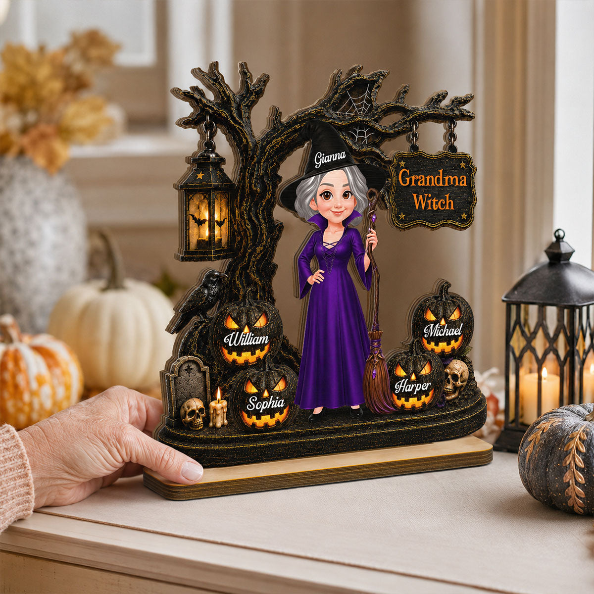Grandma Witch With Grandkids Jack-O’-Lanterns - Personalized Wooden Plaque - Spooky Halloween Gift For Grandma