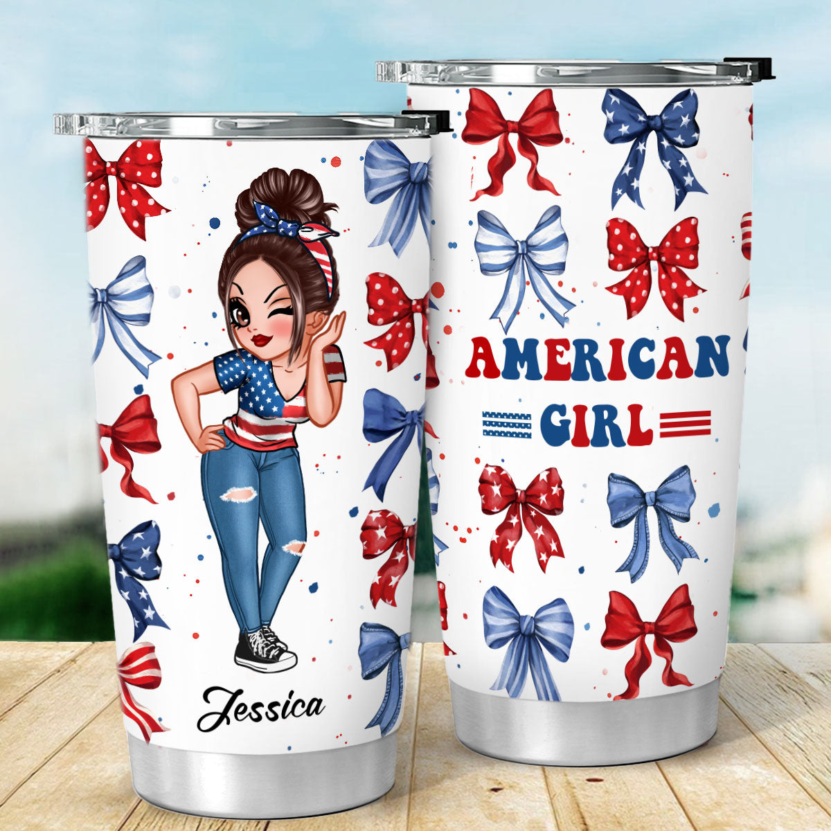 American Girl Nation Flag Bow Personalized Tumbler
