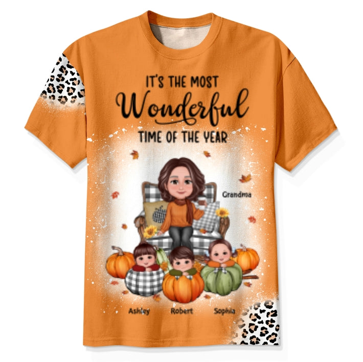 Grandma & Grandkids On Pumpkins Fall Season Theme With Leopard Pattern Personalized Shirt