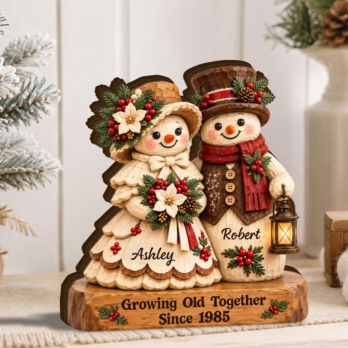 Retro Vintage Rustic Snowman Couple Cozy Christmas Vibe - Personalized Wooden Block Plaque - Christmas Gift For Couple