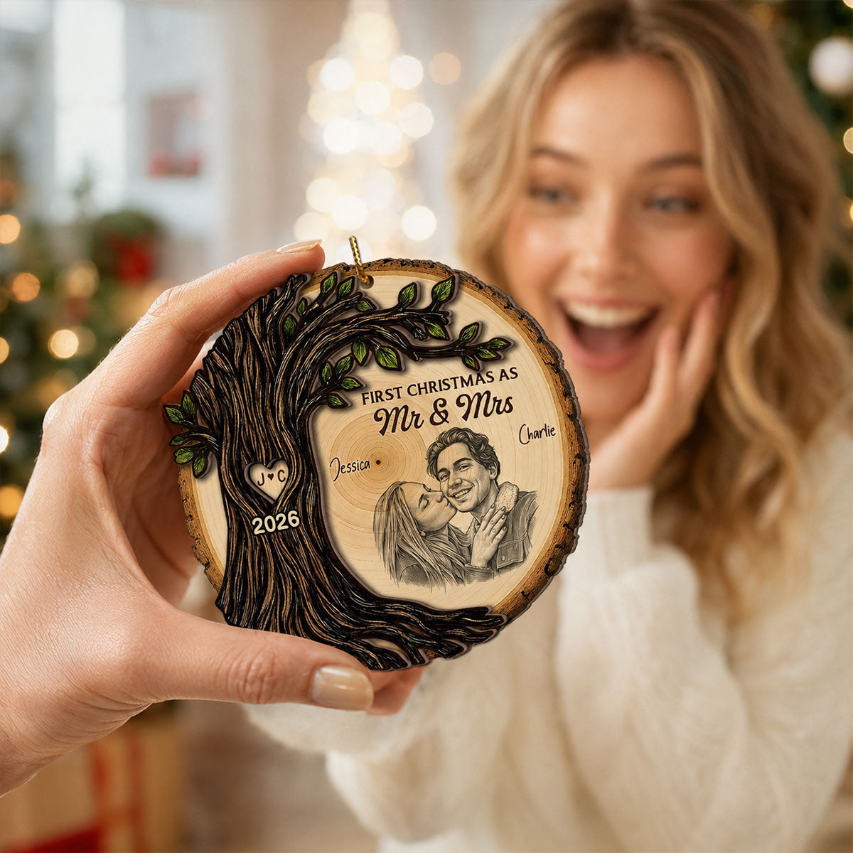 First Christmas As Mr Mrs Couple - Personalized 2-Layered Wooden Ornament - Christmas Gift For Married Couple