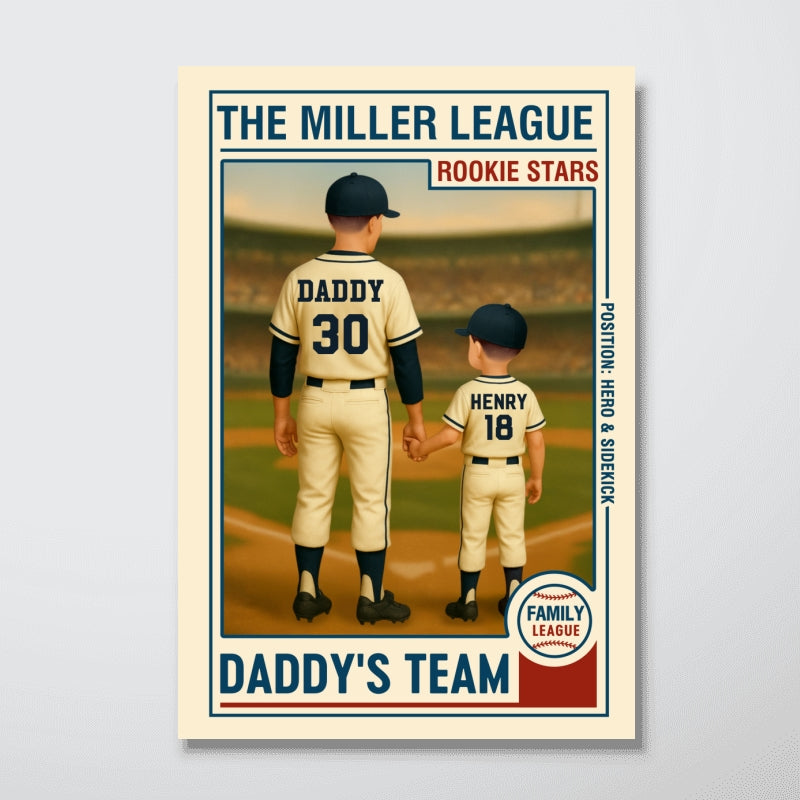Family League Daddy's Team No. 1 Dad Man & Kids Baseball Retro Personalized Poster, Father's Day Gift for Dad, Gift for Husband