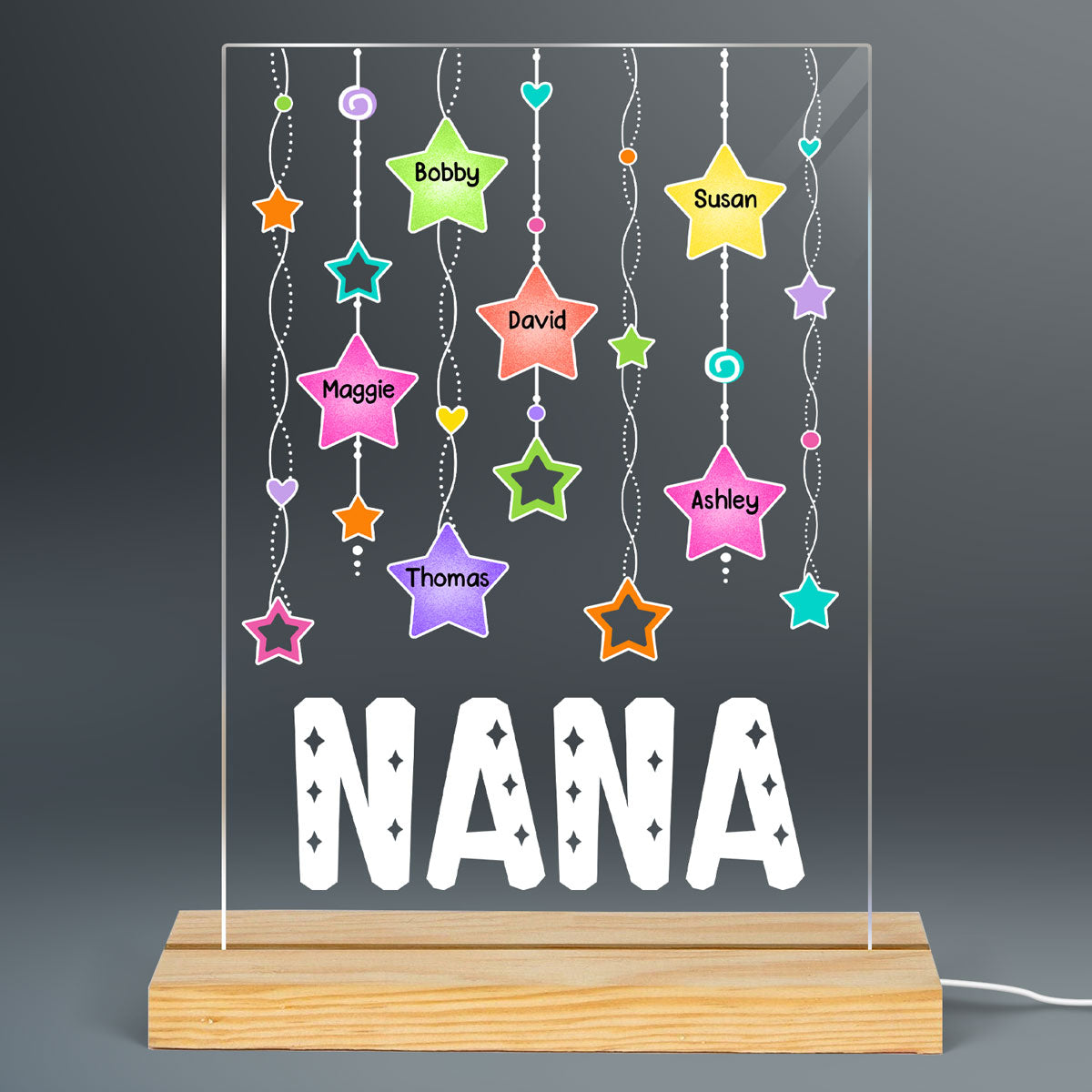 Grandma Mom Stars Strings Kids Names Personalized Rectangle Acrylic Plaque LED Night Light