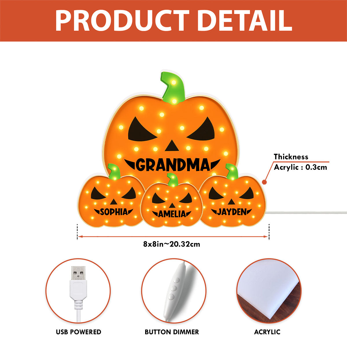 3D Effect Marquee Pattern Halloween Grandma And Grandkids Pumpkins - Personalized Light Box - Gift For Grandmas