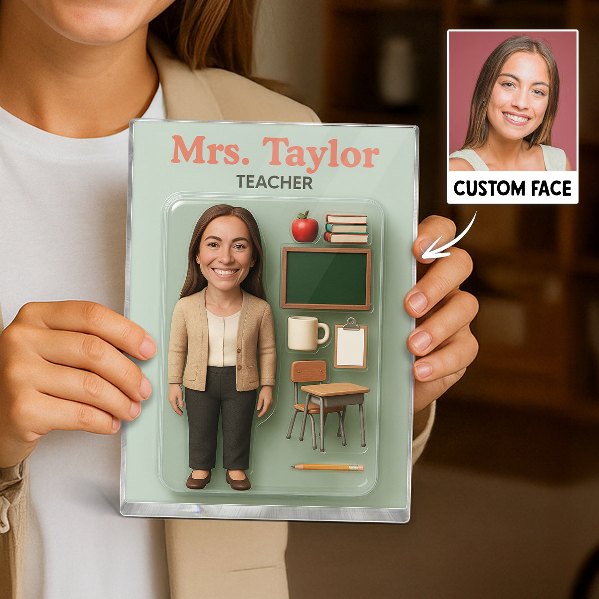 3D Effect Teacher Cartoon Style Custom Figure Personalized Flat Rectangle Acrylic Block, Gift For Teacher