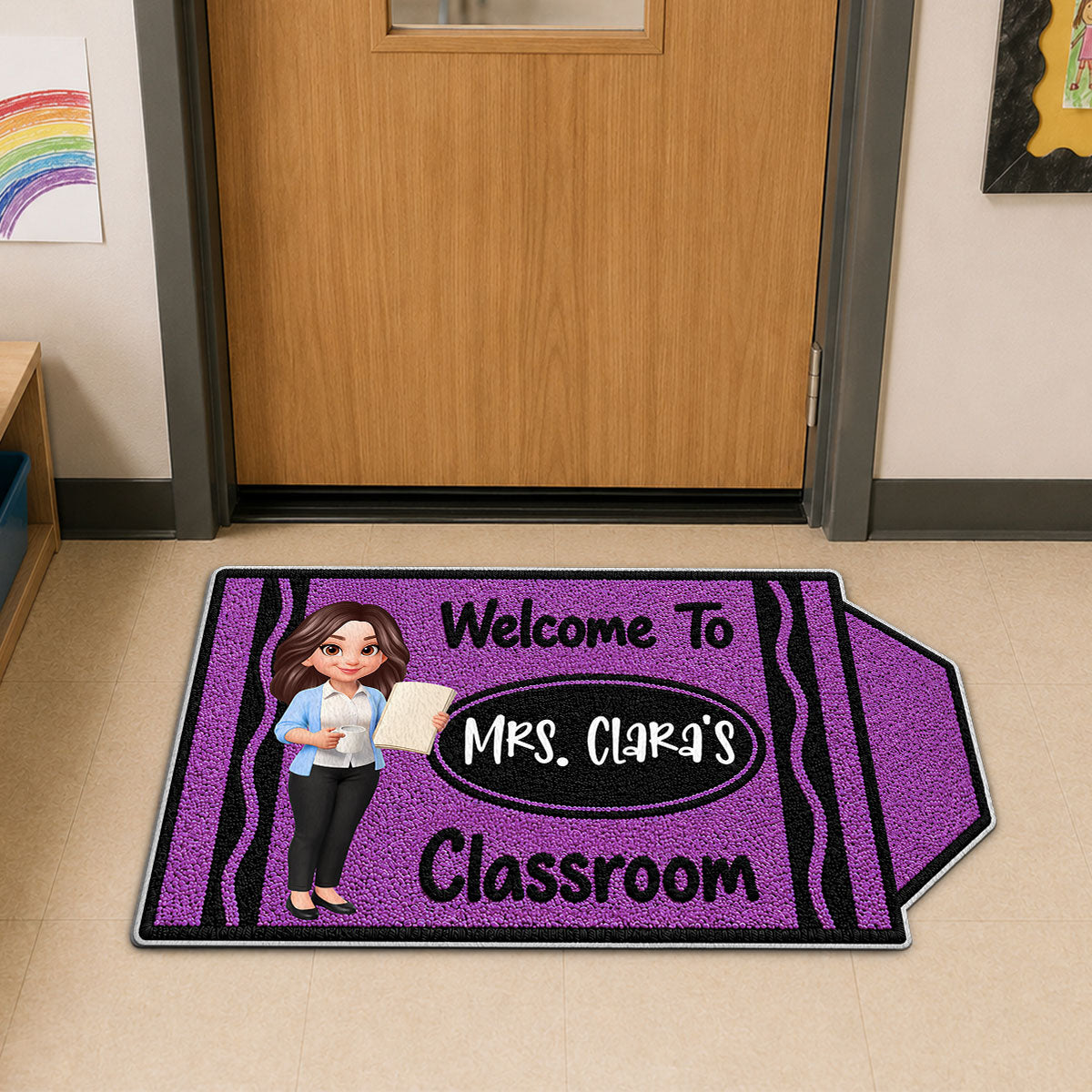 Happy Crayon Teacher Welcome To Classroom - Personalized Doormat - Back To School Gift For Teacher, Classroom Decor