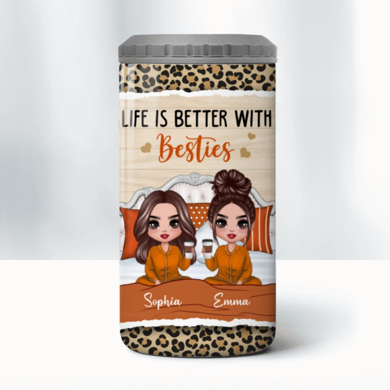Best Friends Sisters Sitting On Bed Personalized 4 In 1 Can Cooler