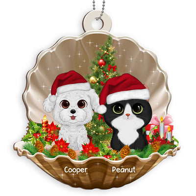 Watercolor Cute Dogs And Cats In Pearl Shell Christmas Personalized Wooden Ornament